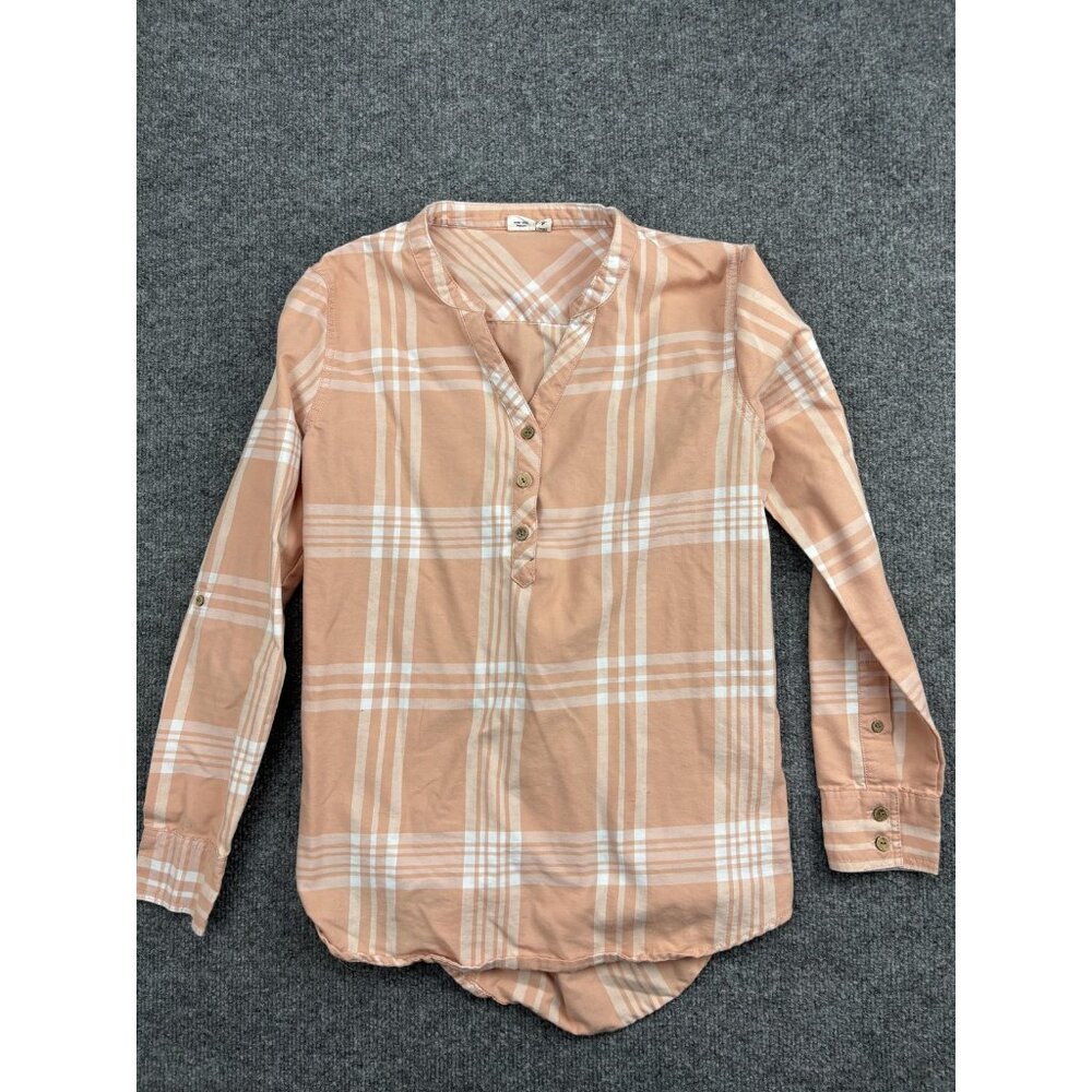 Tentree Shirt Womens‎ Small Peach Plaid Henley Split Back Long Sleeve Top Casual